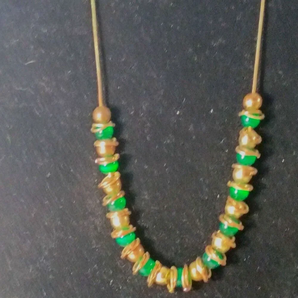 Chunky Green Glass Bead Layered Necklace & Matching Dangle Earrings Set